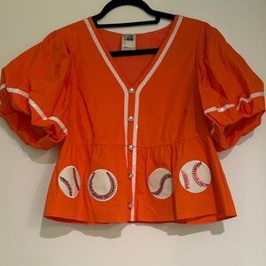 QUEEN OF SPARKLES Orange Baseball Button Down Shirt